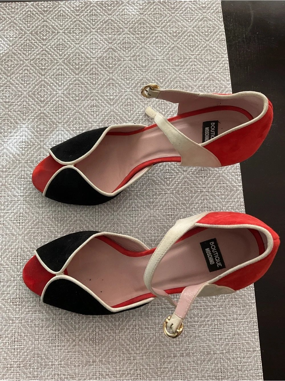 Moschino Colorblock Suede Ankle-Strap Heels in Red, Black & Cream
